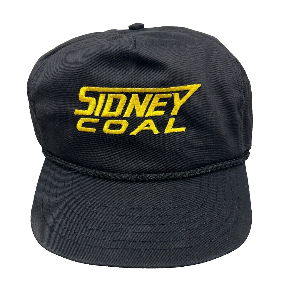 Vintage Sidney Coal Mine Trucker Hat Cap 90s Made in USA Rope Strap Back Black